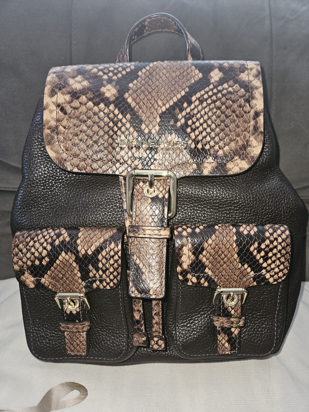 Michael Kors Brown Snake-Print Leather Backpack